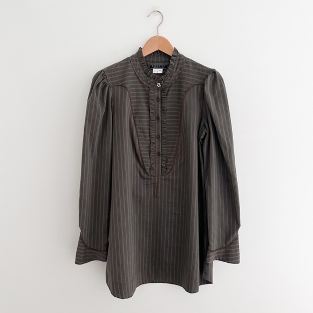 Vintage Peruvian Connection Striped Ruffle Neck Popover Blouse Boho Prairie Top